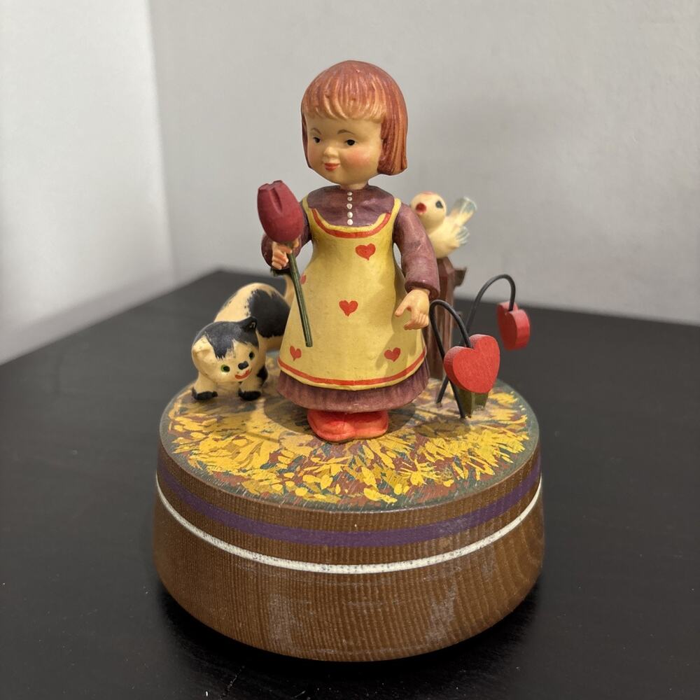 Vintage ANRI Handcrafted Wood Music Box Girl Cat Bird Italy Swiss Movement
